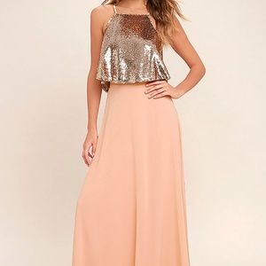 Lulus Wow Rose Gold Sequin Two Piece Maxi Dress